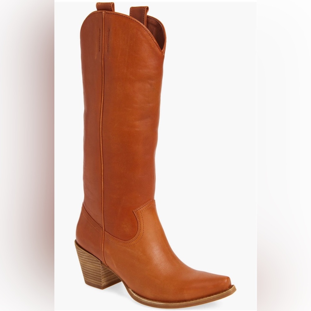 Jeffrey Campbell Cognac Leather Knee-High Western Heel Boots